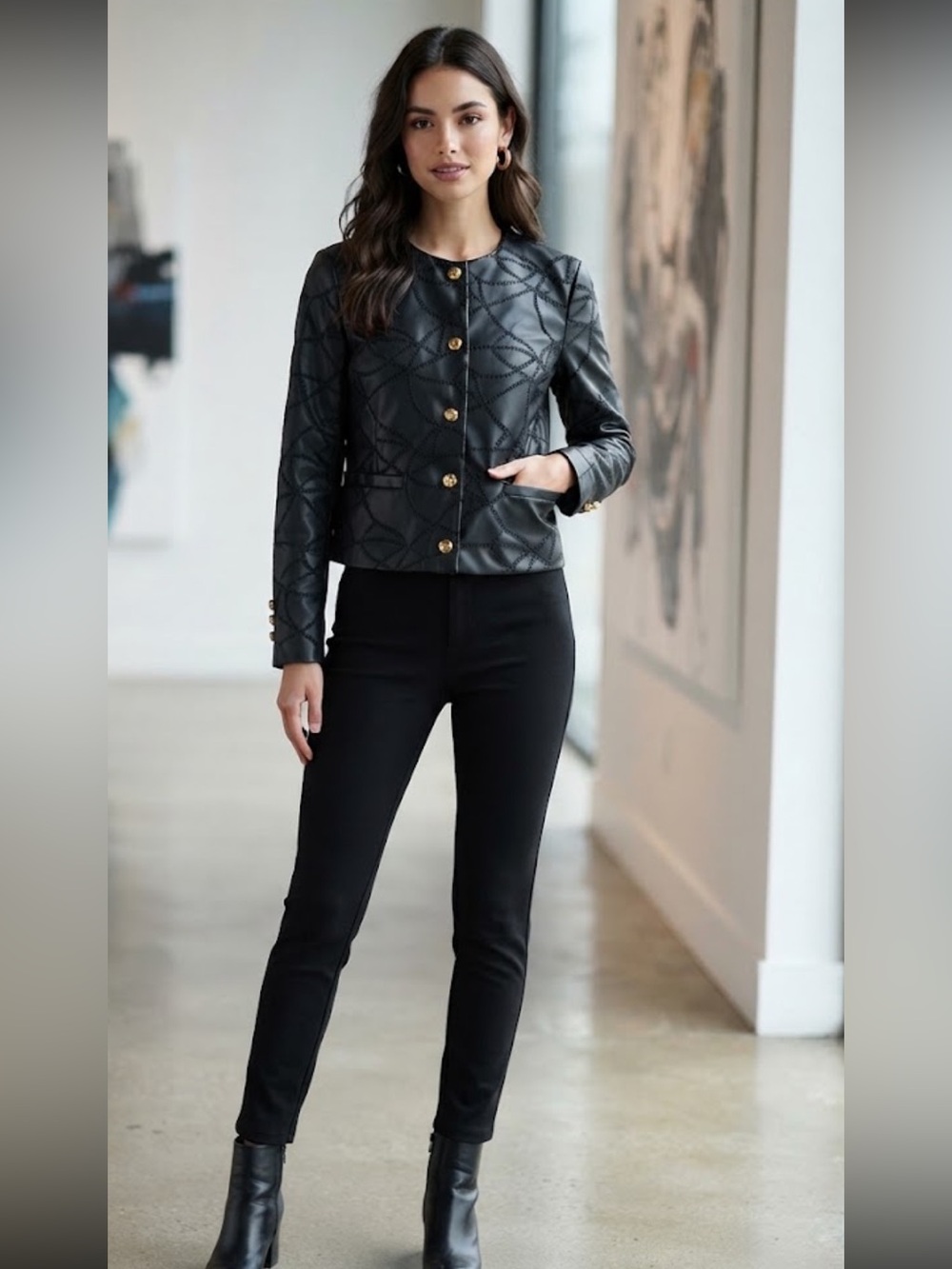 New bagatelle Black Patterned Leather Jacket with Gold Buttons size L - Picture 4 of 15